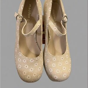 New Madden Girl Platform Mary Jane Tan Canvas Flower Print Block Heels Size 8.5